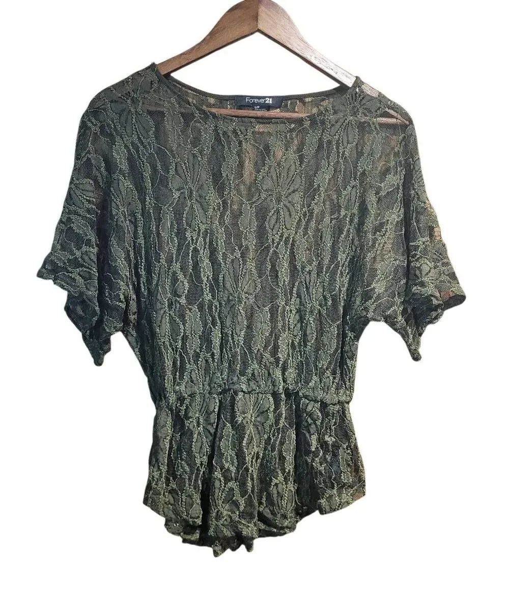Forever 21 Blouse Women's Small Olive Green Sheer Lace Fairy Boho Ethereal
